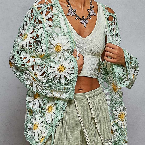 POL Sweaters - NWT POL Bohemian Mint Daisy Crochet Lace Cardigan Sweater One Size